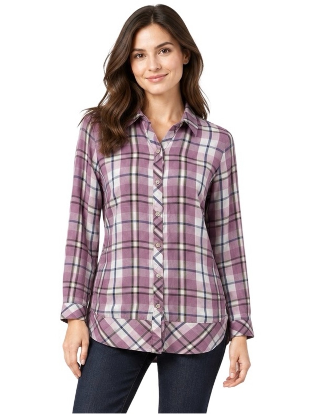 J.Jill Plaid Multi-Yarn-Dyed Tunic Purple Plum Button Down XS Petite